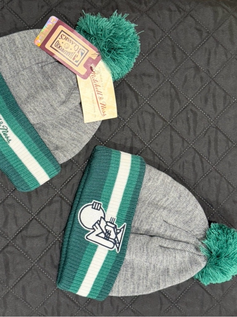 Mitchell & Ness Gray and Green Pom Beanie with Stripe Cuff